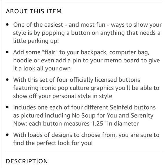 Seinfeld Button Pins 4 Pack - Picture 4 of 4